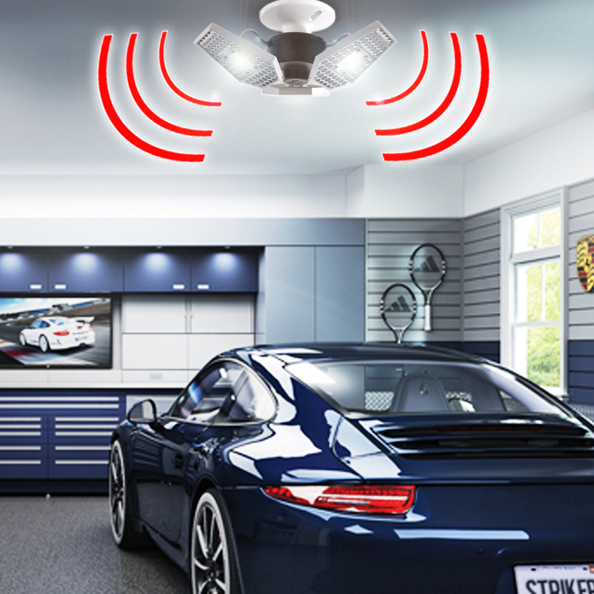 TRiLIGHT motion sensing poster featuring the product in a clean garage with a sports car parked in it.