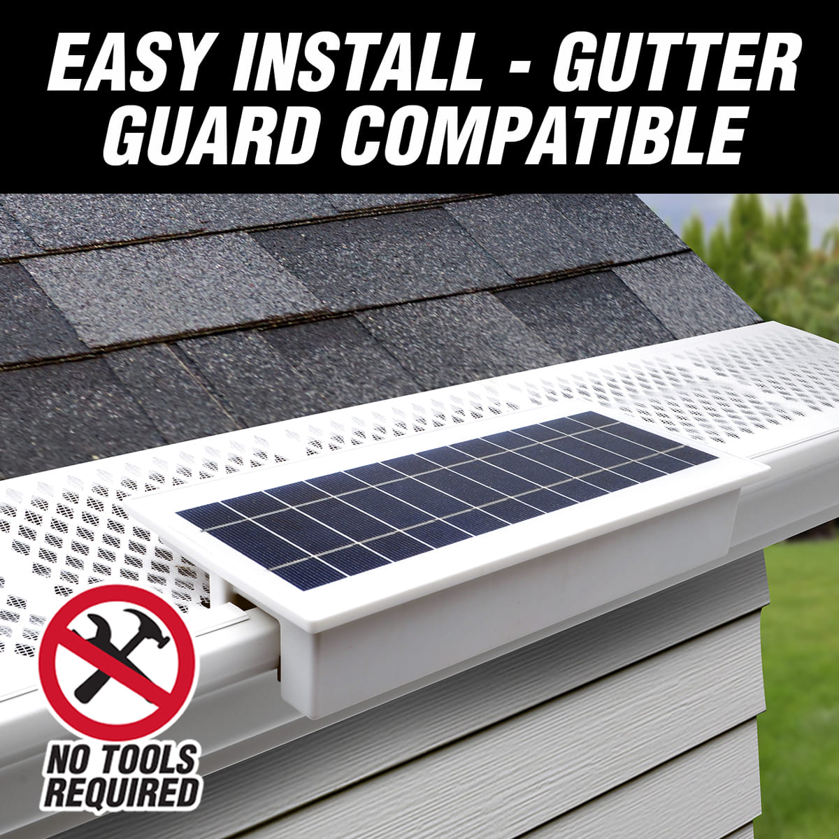 Solar gutter light on a roof with text indicating ease of installation and compatibility with gutter guards.