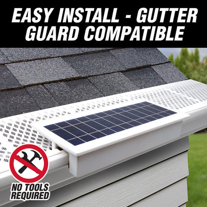 Solar gutter light on a roof with text indicating ease of installation and compatibility with gutter guards.