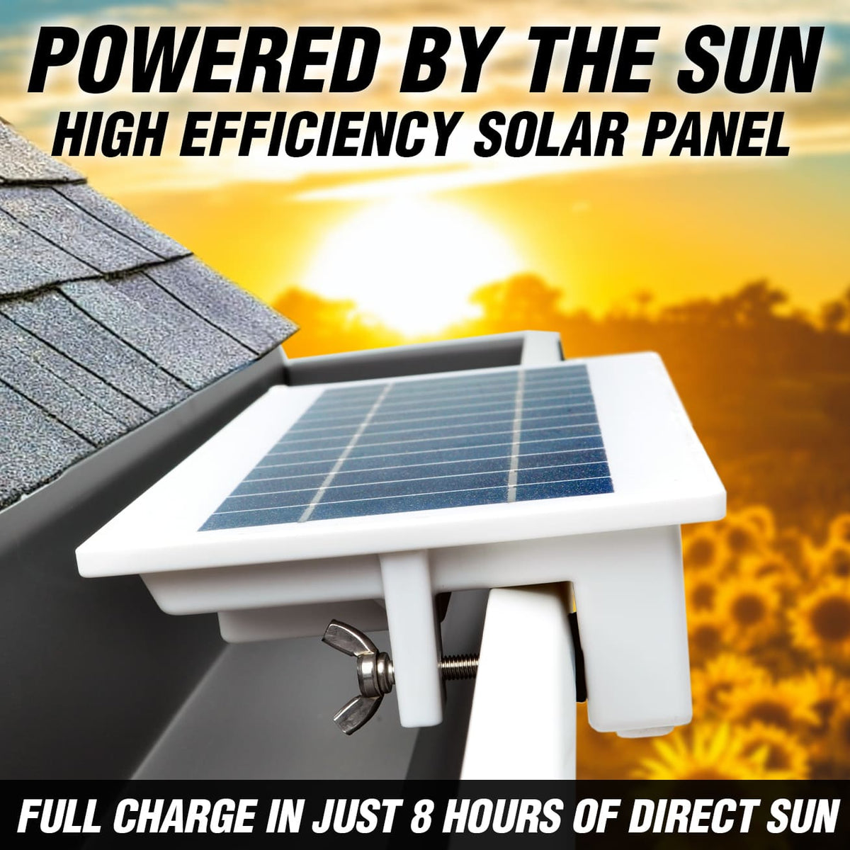Solar panel gutter light on a roof with text 'Powered by the Sun, High Efficiency Solar Panel' and 'Full charge in just 8 hours of direct sun'.
