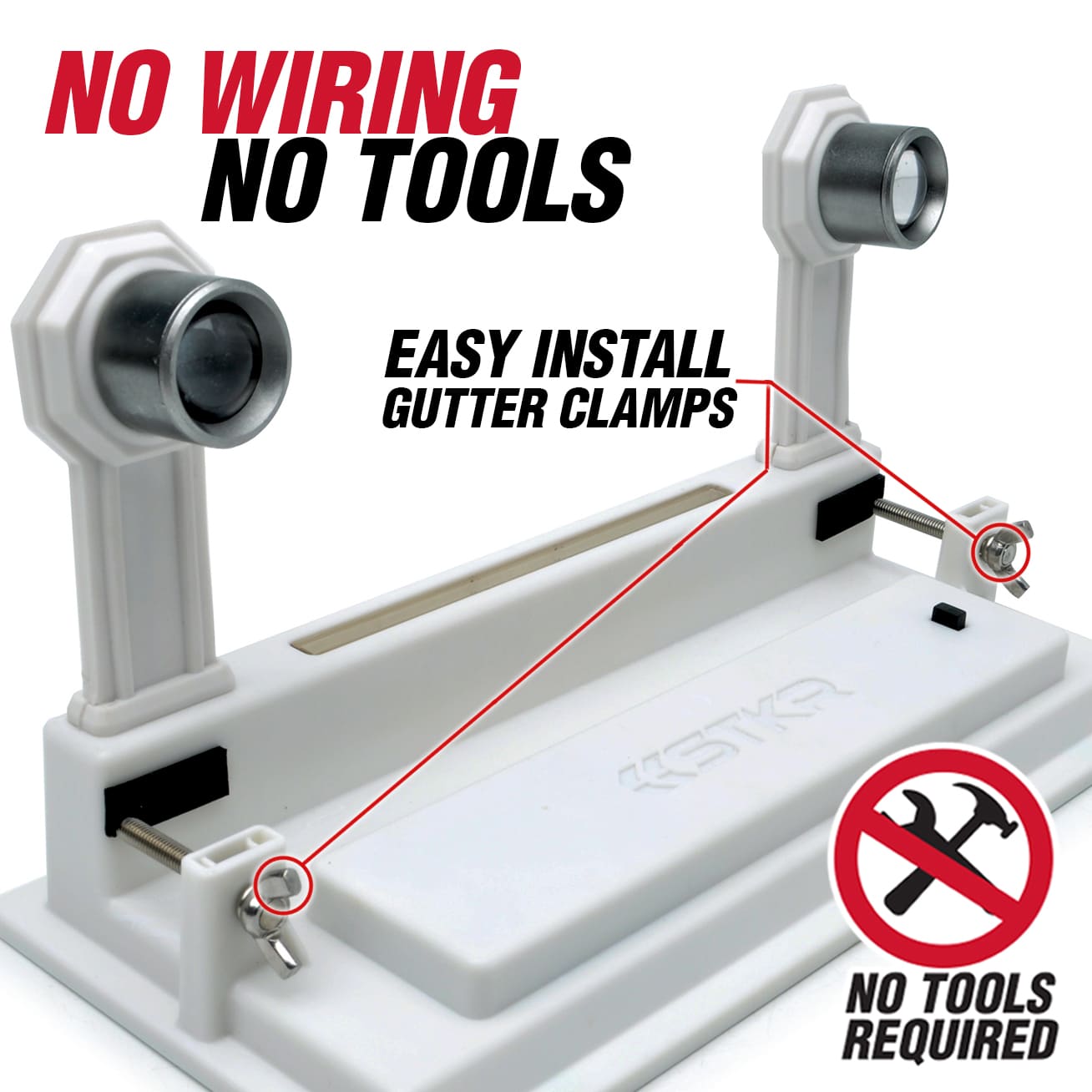 Gutter Light with text 'No Wiring, No Tools' on a white background