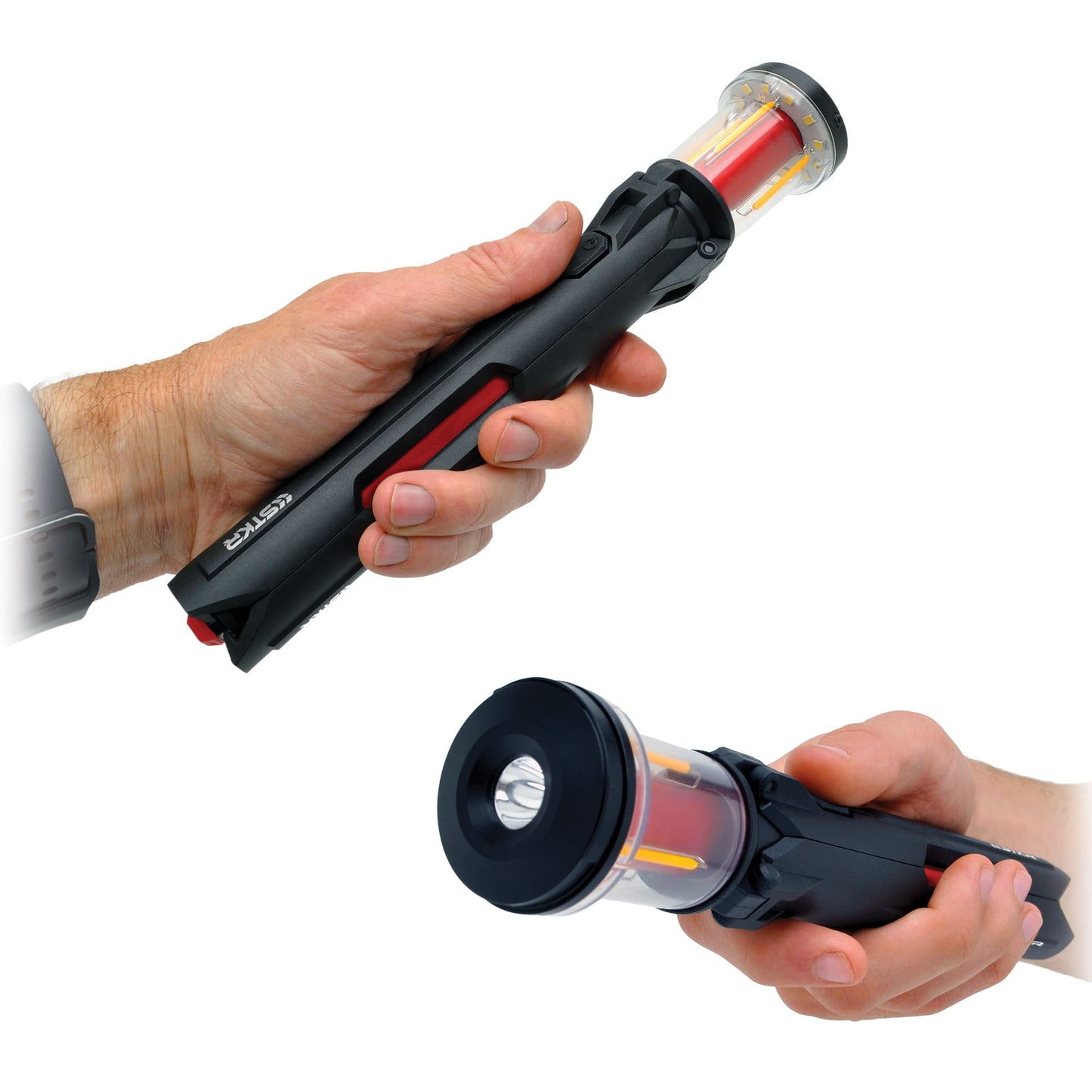 Two hands, each holding a black and red FLi-MORPHE flashlight against a white background