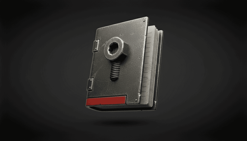 Metallic notebook with a red label on a dark background