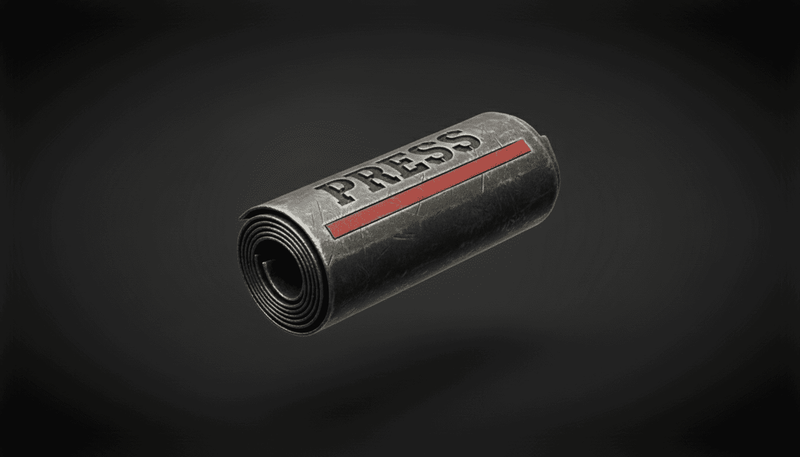 Roll of pressumably paper with 'PRESS' printed on it against a dark background