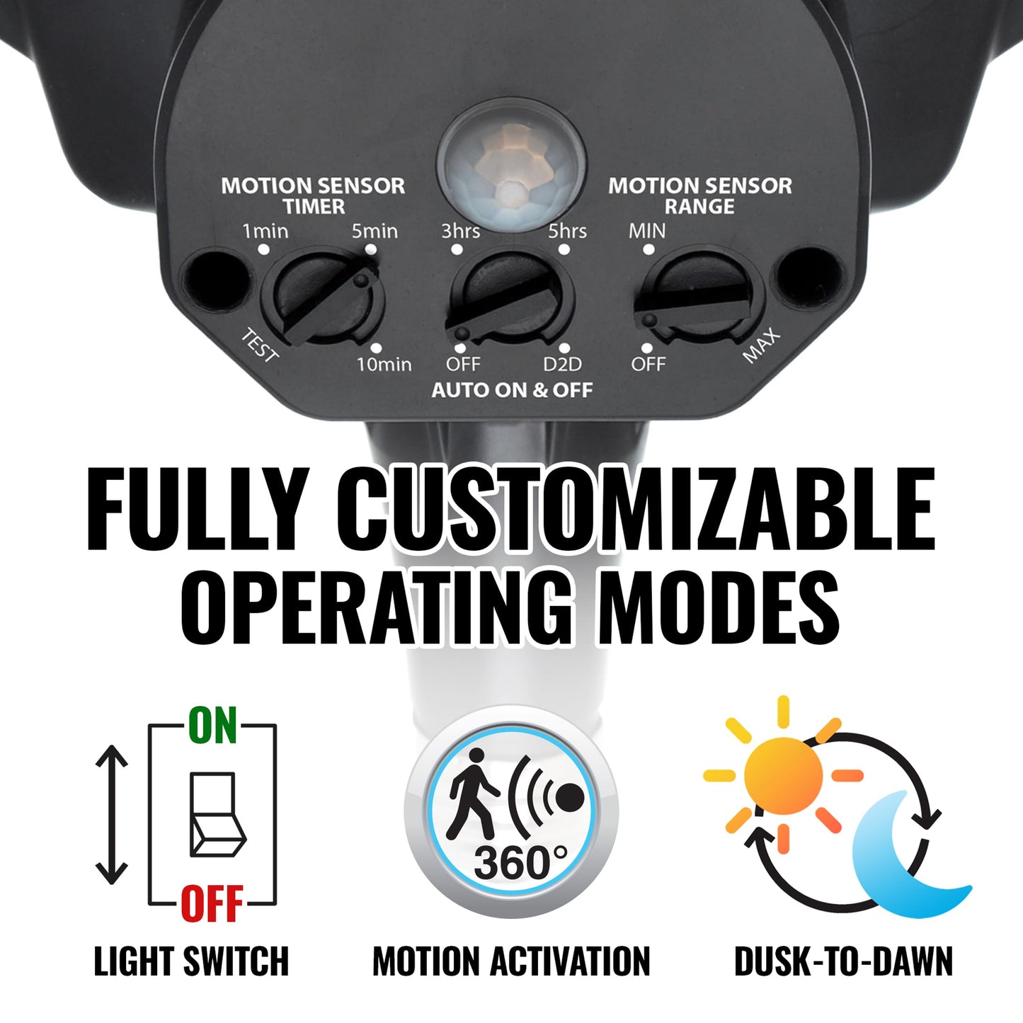 The Outdoor Motion Security Light's control panel with customizable operating modes on a white background