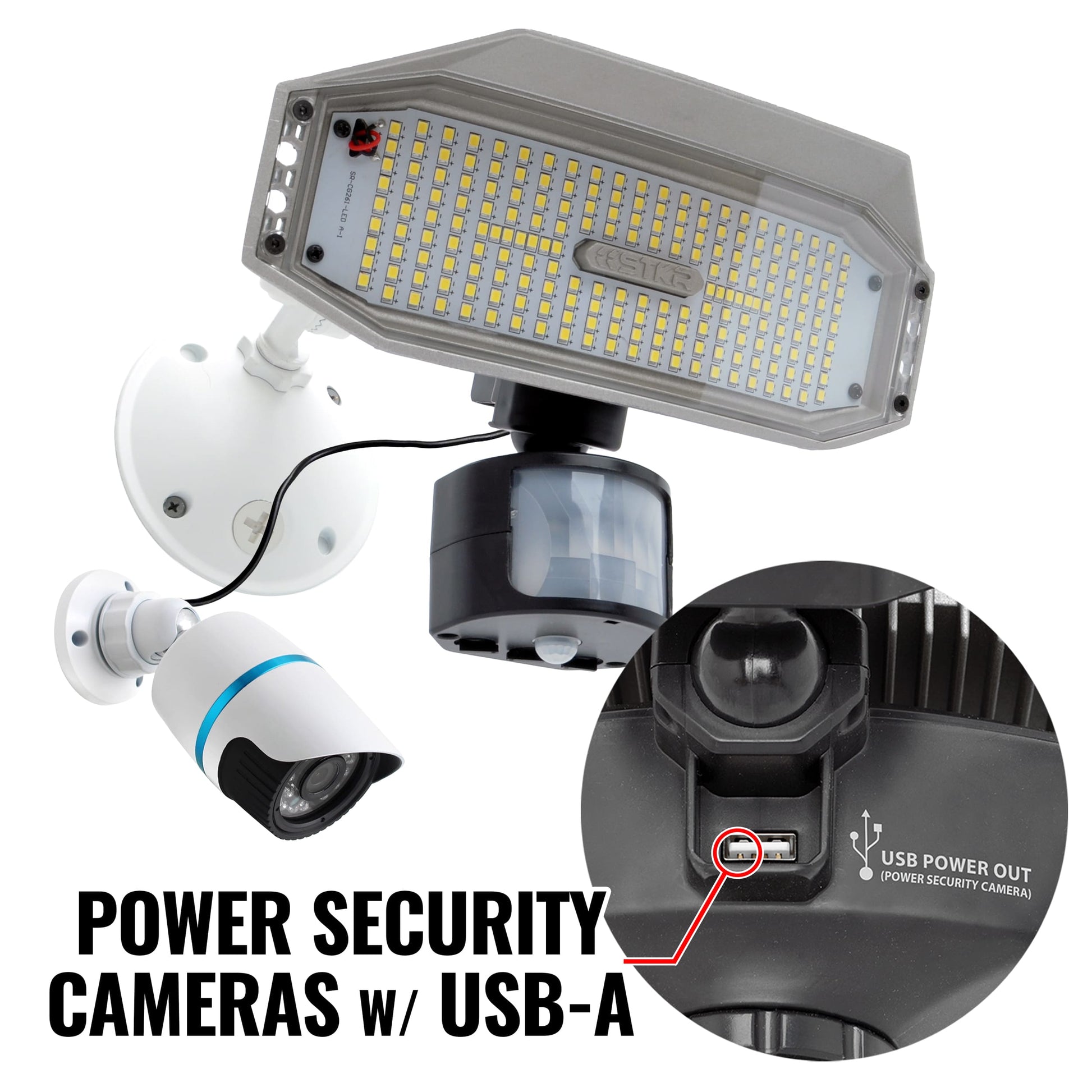 Security Light with USB power output to power security cameras on a white background