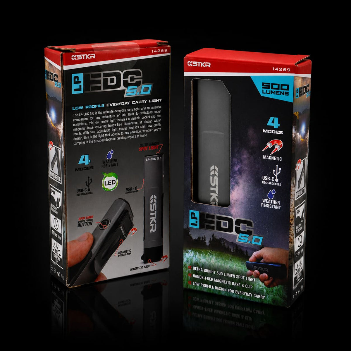Two LP-EDC 5.0 Low Profile Everyday Carry Ultra-Thin Flashlights shown in their packaging front and back views