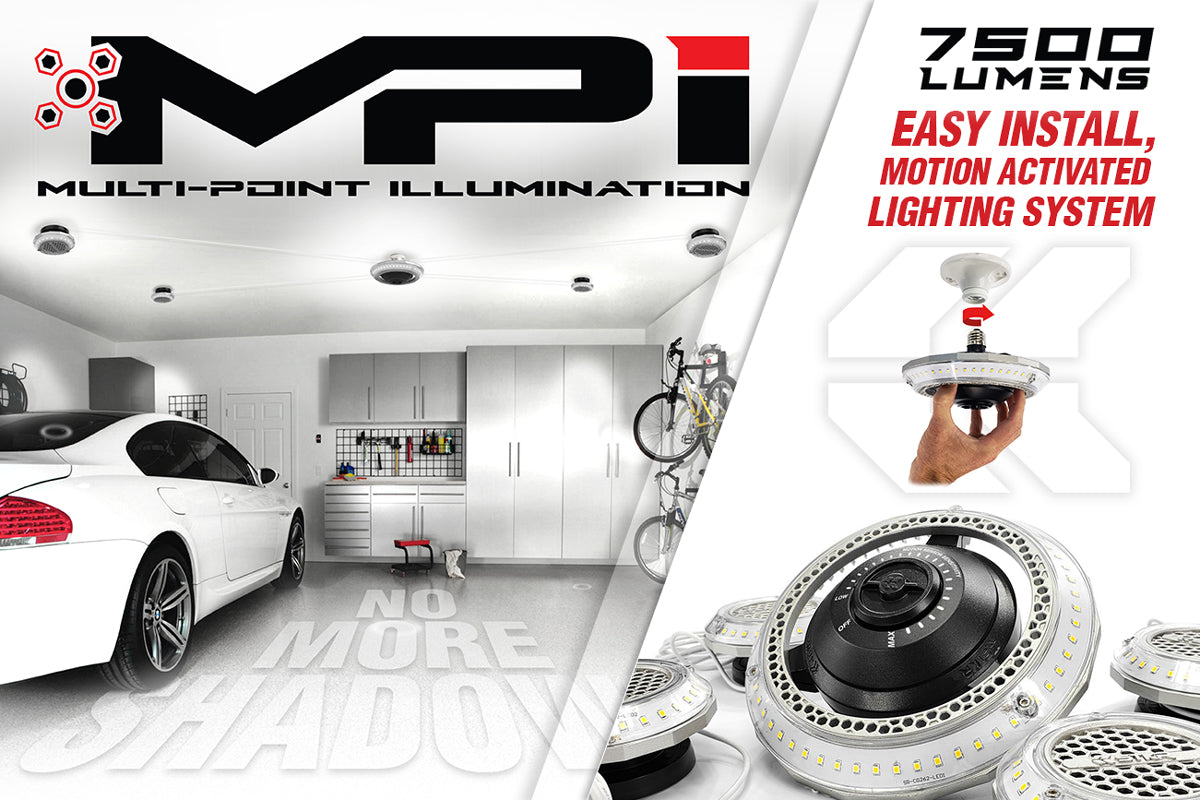 MPI Multi Point Illumination mobile banner featuring a very bright white garage and white car inside. other side includes a white studio image and hand screwing base into socket. text: easy install, motion activated lighting system. 7500 lumens