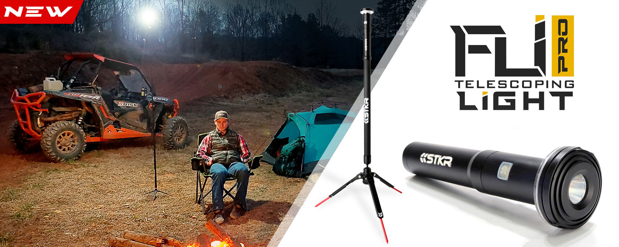 FLi-PRO homepage banner featuring an off-road camping scene and a white studio shot of the flashlight and the telescoping tripod. Camper sitting in a chair with a tent and side-by-side behind him. Campsite illuminted by the FLi-PRO that's 8' feet up.