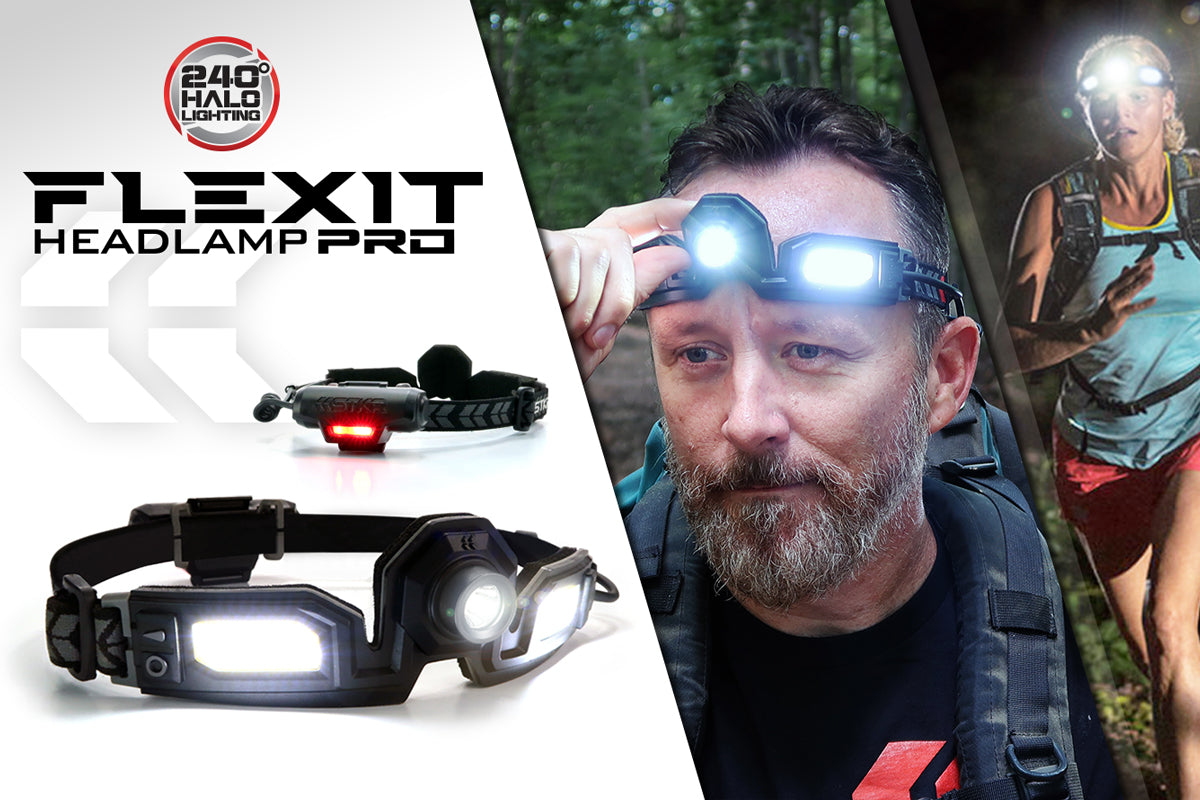 FLEXIT Headlamp PRO mobile banner - 240° Halo Lighting Headlamp with Rear Red Hazard Light by STKR Concepts. Male backpacker and female hiker both modeling one in a use case pics.