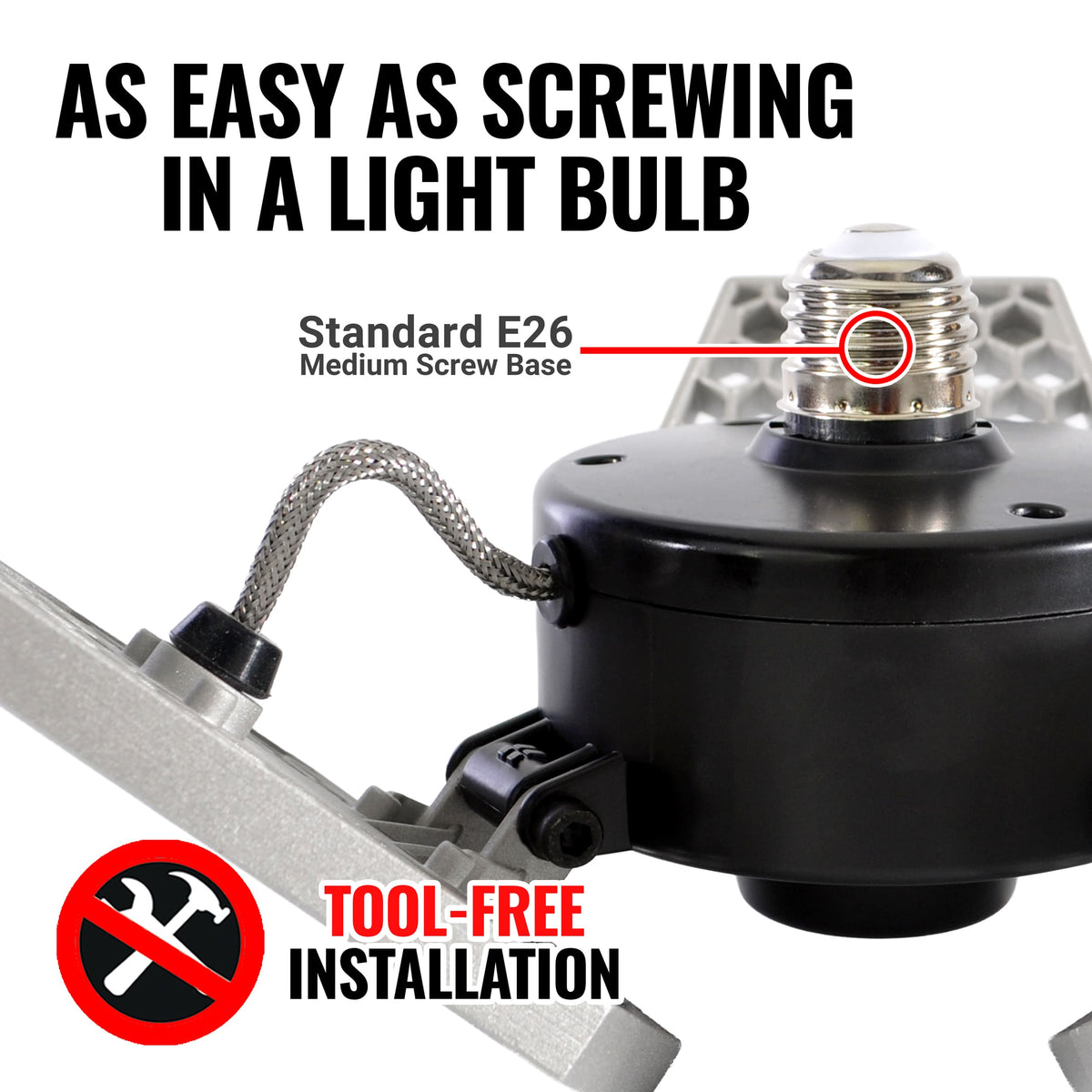 Light fixture with screw base and text indicating tool-free installation.