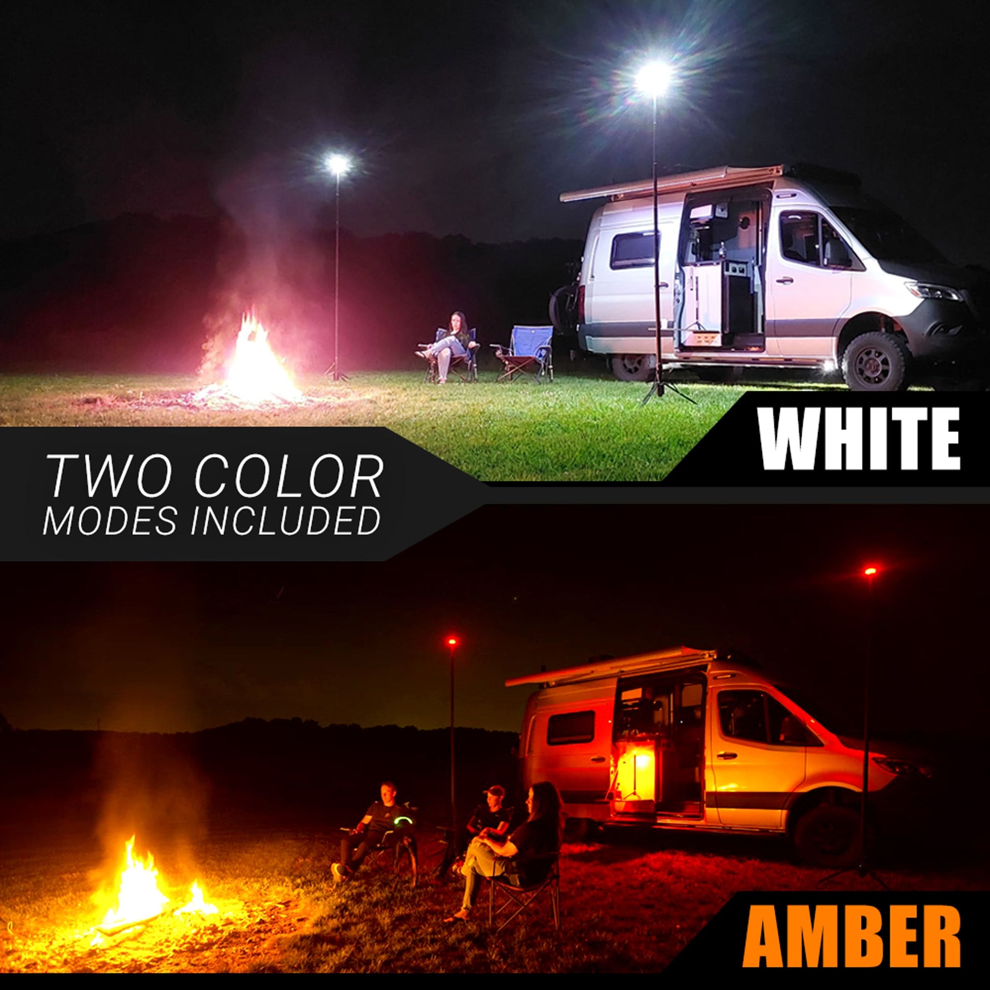 TOP/BOTTOM VERSUS of a Van with a FLi-OVERLANDER showing white and amber color modes at night.