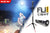 FLi-PRO homepage mobile banner featuring a camping scene and a white studio shot of the flashlight and the telescoping tripod. Camper standing at the telescoping light that's 8' feet up. with a tent, camp chair, and campfire surrounding him.