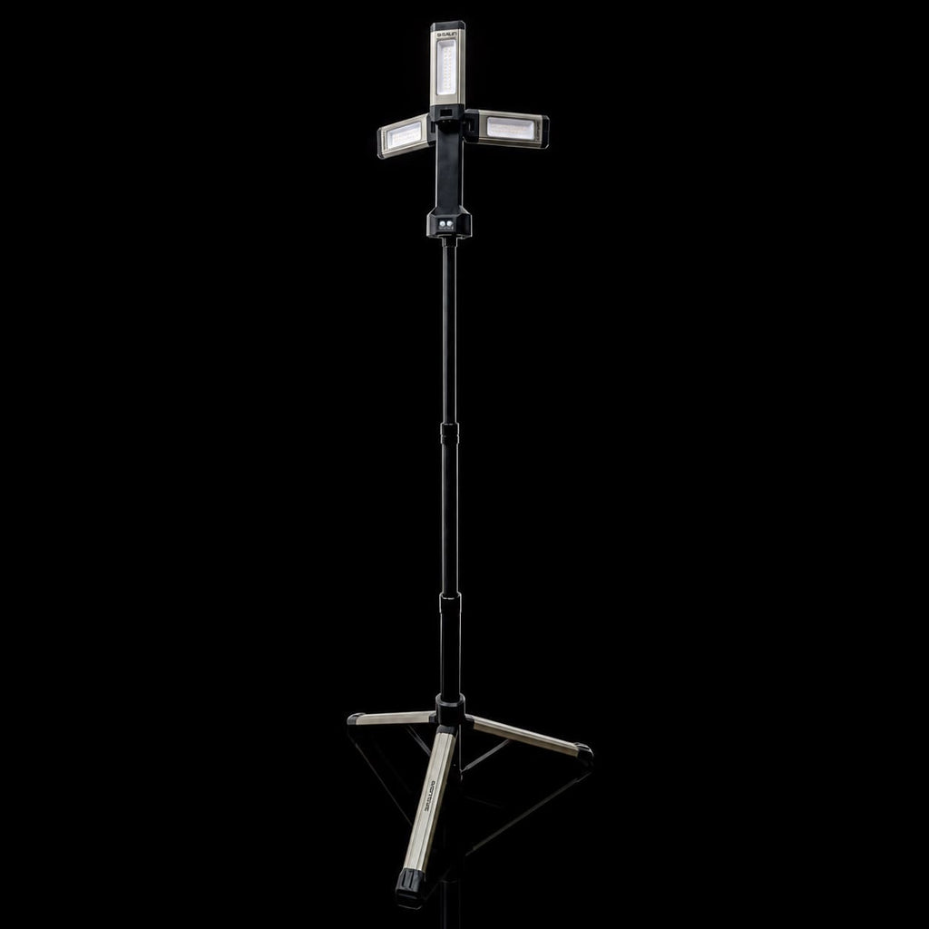 TRi-Mobile Area Work Light - Rechargeable Shoplight with Triple Pivoting LED Light Heads by STKR Concepts - on extended tripod stand